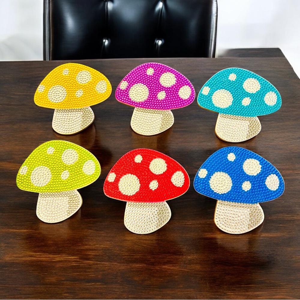 Mushroom Coasters Set of 6 Hand Crafted And Sealed w/Holder Diamond Art